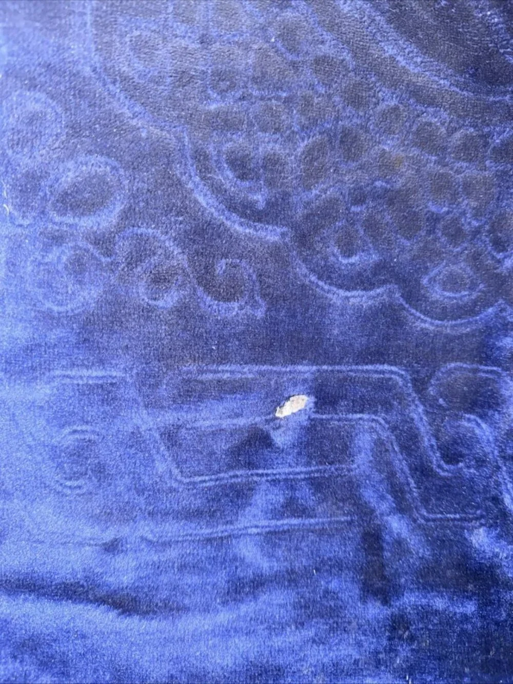 Blue Soft Velvet Throw Rug Asian Style double sided fringe 45L”x31.5W” BURN HOLE